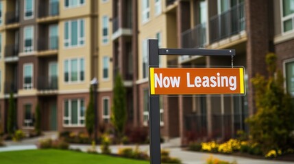 Modern Apartment Complex with Now Leasing Sign Promoting Residential Opportunities