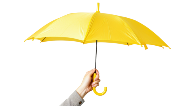 Hand holding open yellow umbrella on transparent background