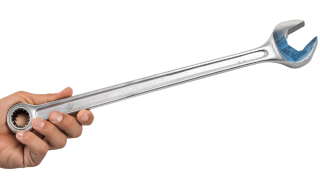 Hand holding large wrench on transparent background - Powered by Adobe