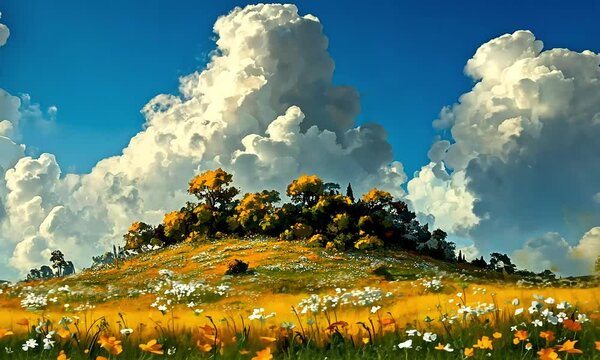 Lush, grassy hilltop under a vibrant sky filled with fluffy clouds