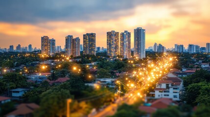 Obraz premium Cityscape at dusk, tall buildings above trees and road lights glowing