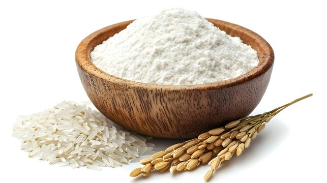 White rice flour in wooden bowl with rice ears