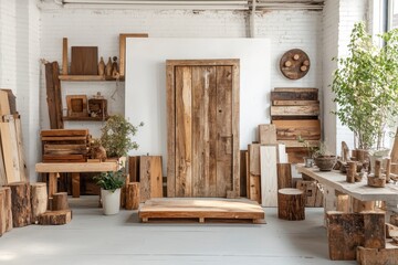 Rustic Wooden Workshop Interior with Reclaimed Materials and Natural Light