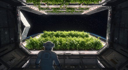 Lush vegetation flourishes inside an orbital greenhouse, showcasing sustainable agriculture in the vast expanse of space.