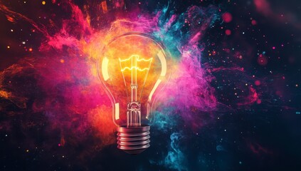 Glowing Lightbulb in Vibrant Multicolored Powder Explosion