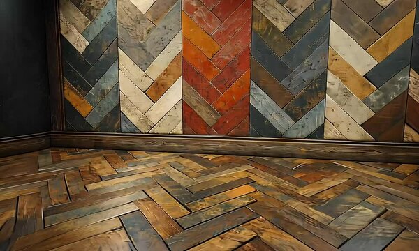 Multi-colored herringbone wall and floor