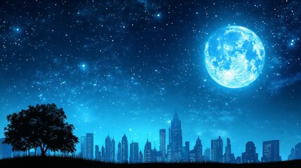 Nighttime Skyline with Full Moon and Stars Over Urban Landscape