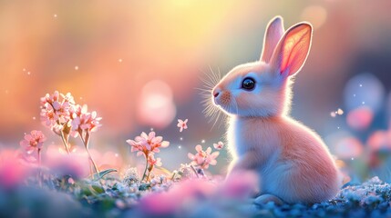 Cute rabbit in Spring field.