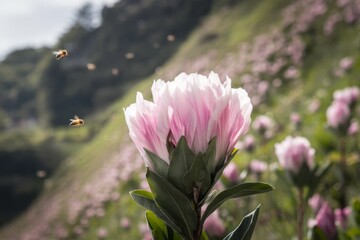 A photo of a spring flower with pink and white petals. The flower is in full bloom, with its petals fully open.