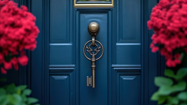 Antique key doorbell on navy blue front door with red flowers