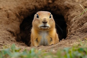 Fototapeta premium A small animal peeking from its earthen burrow entrance