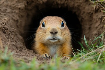 A small mammal peeks out from inside of its earthen burrow