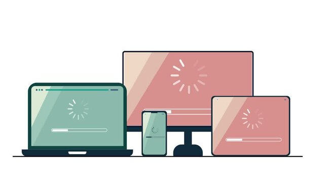 Responsive Website Update System On Computer, Mobile phone, tablet and laptop. Concept animation on white background with Load Bar and Checkmark . System Updated Successfully