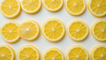 Perfectly cut lemon slices arranged on a clean surface. The bright yellow color and fresh, juicy texture create a crisp and refreshing visual, ideal for food and wellness