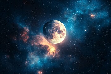 Obraz premium A Bright Moon Illuminates Space Surrounded By Nebulous Clouds And Stars