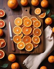 oranges and tangerines on a wooden Cutting board rustic background