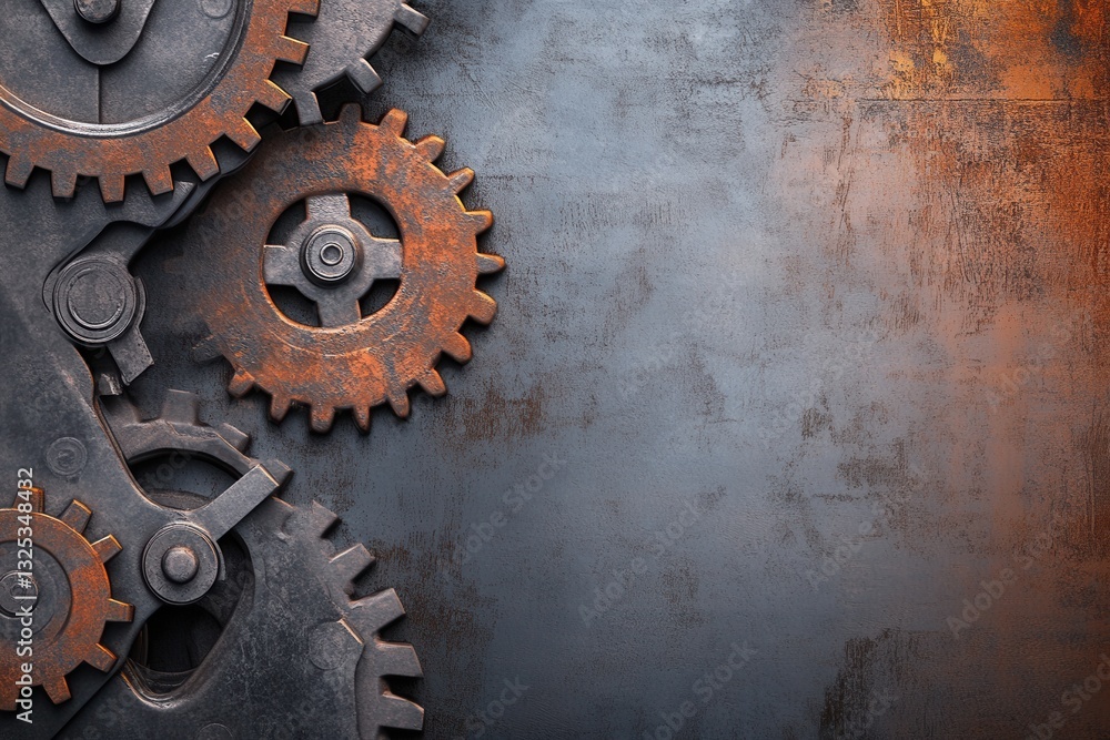 Poster industrial design featuring large gears and metallic textures with a robust mechanical style for cre