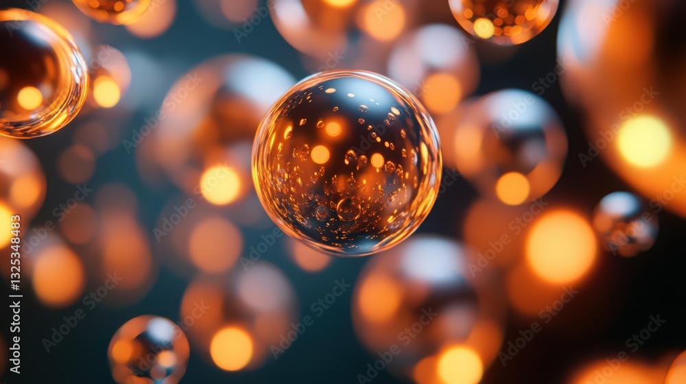 Poster abstract orbs of light floating in dark space with vibrant reflections