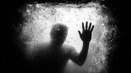 A silhouetted person underwater reaches for the surface above