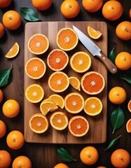 oranges and tangerines on a wooden Cutting board rustic background
