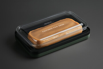 Lab Grown Foie Gras. Cultured Foie Gras in sleek packaging against a dark background.