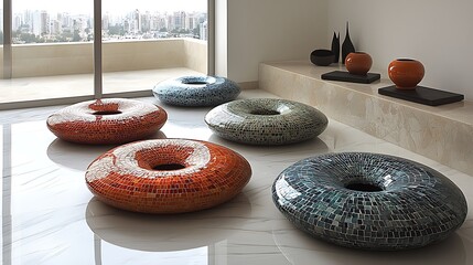 A collection of mosaic donut shaped sculptures are on the floor