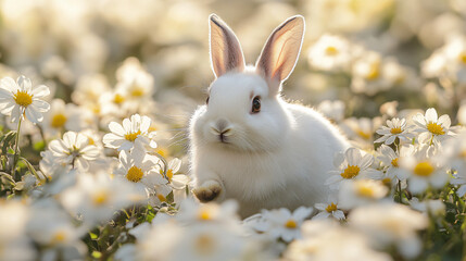 white bunny with white flowers wallpaper