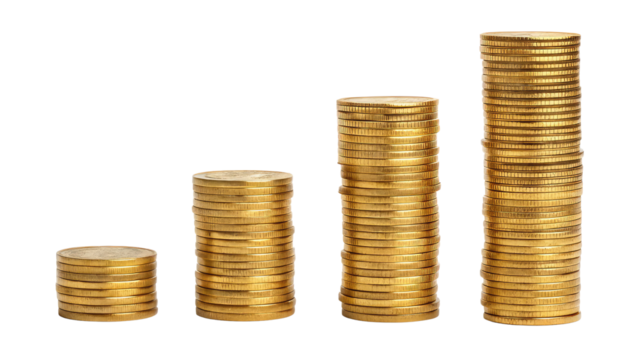 Growing stacks of gold coins arranged in ascending order
Concept of savings, economic growth, and financial prosperity
on transparent background PNG