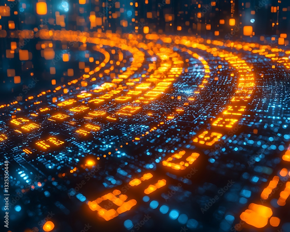 Poster an abstract digitally rendered network of glowing illuminated orange pathways