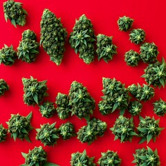 cannabis leaf heart on red background, valentine's day medical concept