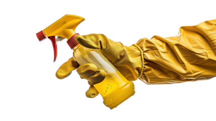 Cleaning staff wearing yellow gloves holding cleaning spray bottle with transparent background