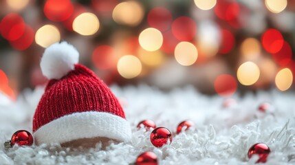 Festive santa hat amidst holiday ornaments and sparkling light bokeh