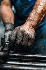 Factory worker's hands gripping a control lever, heavy machinery in motion, intense focus