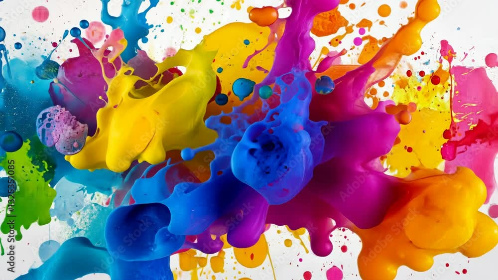 Poster dynamic burst of colorful paint splashes in motion on white background