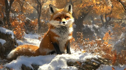 Fototapeta premium Autumn Fox in Snowy Forest