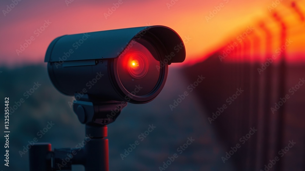 Aufkleber border security monitoring concepts. surveillance camera against a sunset backdrop with a security f