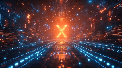 Fototapeta premium Futuristic Dynamic Abstract Background, Blue Light Stripes Forming X Shape, New Artificial Intelligence, Digital Circuit Pattern for Data Transmission, Digital Art Style, High Resolution, 8K