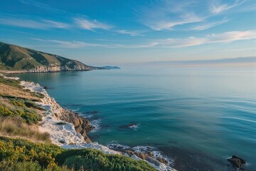 Fototapeta premium Tranquil Coastal Scenery with Peaceful Ocean and Clear Blue Skies