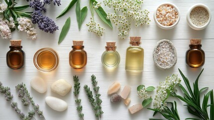 Spa essentials: massage stones, oils, and sea salt, embodying relaxation and natural wellness