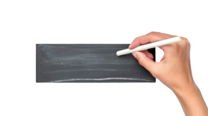 Hand drawing a horizontal line with white chalk on a blank blackboard with transparent background
