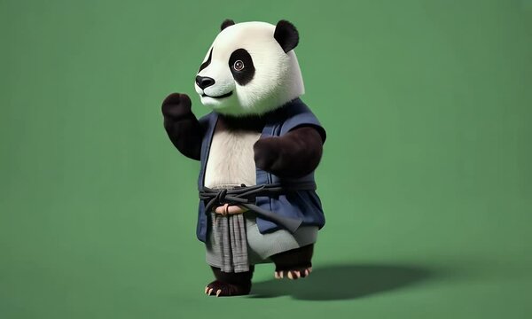 a cute panda dressed as a samurai dancing salsa with smooth and expressive footwork on a green screen background