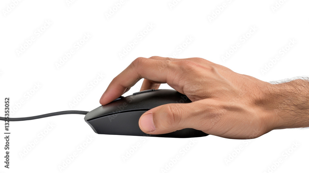 Poster close-up of hand using wired computer mouse on transparent background