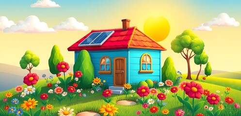 colorful cartoon house solar panels flowers trees sun