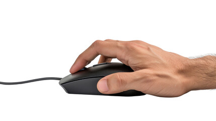 Close-up of hand using wired computer mouse on transparent background