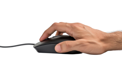 Close-up of hand using wired computer mouse on transparent background