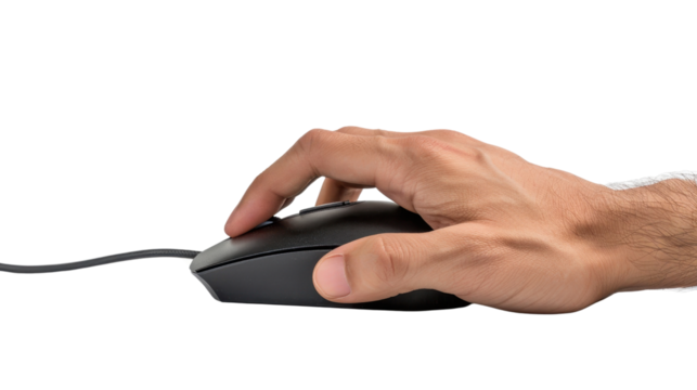 Close-up of hand using wired computer mouse on transparent background