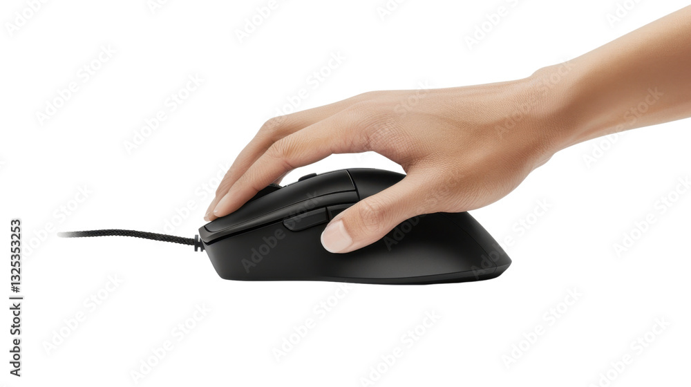 Poster hand using a black wireless mouse on transparent background
