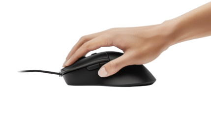 Hand using a black wireless mouse on transparent background