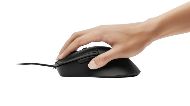 Hand using a black wireless mouse on transparent background