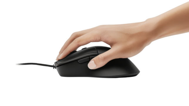 Hand using a black wireless mouse on transparent background